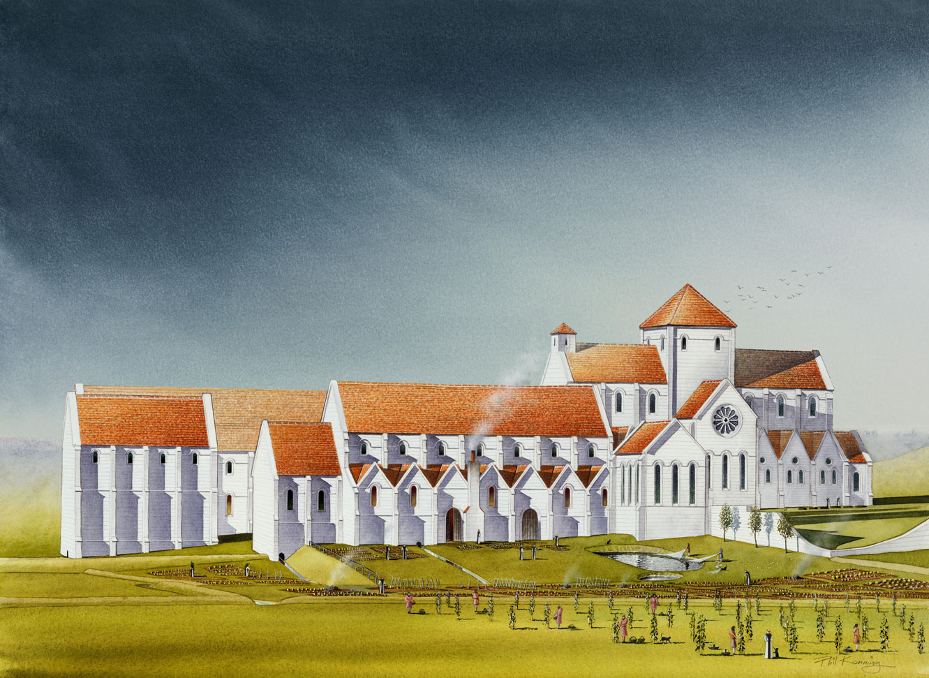 A historical reconstruction illustration of Warden Abbey.